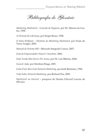 Pequena História do Marketing Multinível



          Bibliografia do Glossário
Marketing Multinível – Conexão de Negócios, por Dr. Marcos de Cas-
tro, 1998.

A Fórmula da Liderança, por Sergio Buaiz, 1998.

O Falso Brilhante – Histórias de Marketing Multinível, por Paulo de
Tarso Aragão, 2005.

Manual do Sistema Mil – Mercado Integrado Linear, 2007.

Guia do Empreendedor Nature’s Sunshine, 2006.

Uma Venda Não Ocorre Por Acaso, por Dr. Lair Ribeiro, 2004.

Guia de Ação, por Denilson Braga, 2001.

Como Ficar Rico Com Network Marketing, por Jonh Bremmer, 1996.

Tudo Sobre Network Marketing, por Richard Poe, 2002.

Multinível na internet – pesquisa de Dennis Edward Lucena de
Oliveira




                                                                  97
 