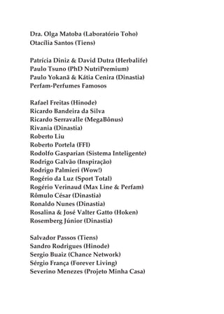Dra. Olga Matoba (Laboratório Toho)
Otacília Santos (Tiens)
Patrícia Diniz & David Dutra (Herbalife)
Paulo Tsuno (PhD NutriPremium)
Paulo Yokanã & Kátia Cenira (Dinastia)
Perfam-Perfumes Famosos
Rafael Freitas (Hinode)
Ricardo Bandeira da Silva
Ricardo Serravalle (MegaBônus)
Rivania (Dinastia)
Roberto Liu
Roberto Portela (FFI)
Rodolfo Gasparian (Sistema Inteligente)
Rodrigo Galvão (Inspiração)
Rodrigo Palmieri (Wow!)
Rogério da Luz (Sport Total)
Rogério Verinaud (Max Line & Perfam)
Rômulo César (Dinastia)
Ronaldo Nunes (Dinastia)
Rosalina & José Valter Gatto (Hoken)
Rosemberg Júnior (Dinastia)
Salvador Passos (Tiens)
Sandro Rodrigues (Hinode)
Sergio Buaiz (Chance Network)
Sérgio França (Forever Living)
Severino Menezes (Projeto Minha Casa)
 