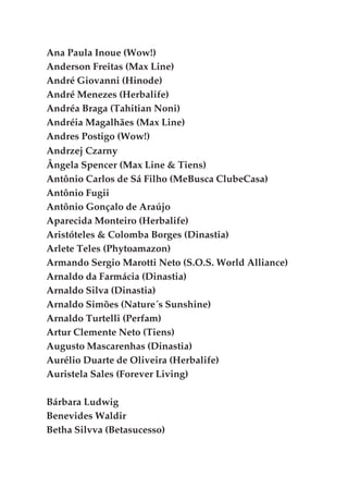 Ana Paula Inoue (Wow!)
Anderson Freitas (Max Line)
André Giovanni (Hinode)
André Menezes (Herbalife)
Andréa Braga (Tahitian Noni)
Andréia Magalhães (Max Line)
Andres Postigo (Wow!)
Andrzej Czarny
Ângela Spencer (Max Line & Tiens)
Antônio Carlos de Sá Filho (MeBusca ClubeCasa)
Antônio Fugii
Antônio Gonçalo de Araújo
Aparecida Monteiro (Herbalife)
Aristóteles & Colomba Borges (Dinastia)
Arlete Teles (Phytoamazon)
Armando Sergio Marotti Neto (S.O.S. World Alliance)
Arnaldo da Farmácia (Dinastia)
Arnaldo Silva (Dinastia)
Arnaldo Simões (Nature´s Sunshine)
Arnaldo Turtelli (Perfam)
Artur Clemente Neto (Tiens)
Augusto Mascarenhas (Dinastia)
Aurélio Duarte de Oliveira (Herbalife)
Auristela Sales (Forever Living)
Bárbara Ludwig
Benevides Waldir
Betha Silvva (Betasucesso)
 