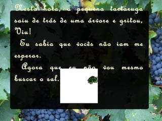   Nesta hora, a pequena tartaruga saiu de trás de uma árvore e gritou, Viu! Eu sabia que vocês não iam me esperar. Agora que eu não vou mesmo buscar o sal.  