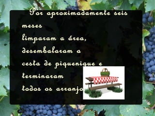   Por aproximadamente seis meses limparam a área, desembalaram a cesta de piquenique e terminaram todos os arranjos. 