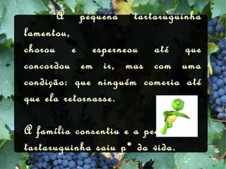   A pequena tartaruguinha lamentou, chorou e esperneou até que concordou em ir, mas com uma condição: que ninguém comeria até que ela retornasse. A família consentiu e a pequena tartaruguinha saiu p* da vida. 