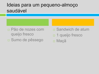 Ideias para um pequeno-almoço saudávelPão de nozes com queijo frescoSumo de pêssegoSandwich de atum1 queijo frescoMaçã