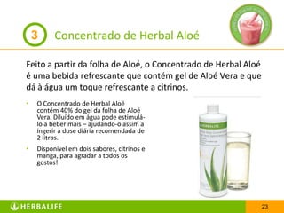 3     Concentrado de Herbal Aloé

Feito a partir da folha de Aloé, o Concentrado de Herbal Aloé
é uma bebida refrescante que contém gel de Aloé Vera e que
dá à água um toque refrescante a citrinos.
•   O Concentrado de Herbal Aloé
    contém 40% do gel da folha de Aloé
    Vera. Diluído em água pode estimulá-
    lo a beber mais – ajudando-o assim a
    ingerir a dose diária recomendada de
    2 litros.
•   Disponível em dois sabores, citrinos e
    manga, para agradar a todos os
    gostos!




                                                                23
 