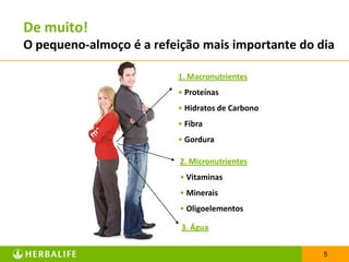 De muito!
O pequeno-almoço é a refeição mais importante do dia

                         1. Macronutrientes
                         • Proteínas
                         • Hidratos de Carbono
                         • Fibra
                         • Gordura

                          2. Micronutrientes
                          • Vitaminas
                          • Minerais
                          • Oligoelementos

                          3. Água


                                                  5
 