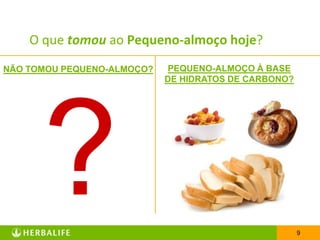 O que tomou ao Pequeno-almoço hoje?
NÃO TOMOU PEQUENO-ALMOÇO?   PEQUENO-ALMOÇO À BASE
                            DE HIDRATOS DE CARBONO?




                                                      9
 