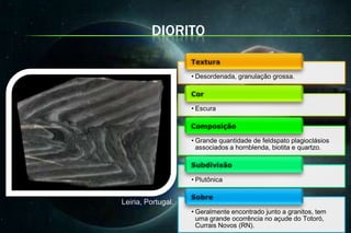 DIORITO

                    • Desordenada, granulação grossa.



                    • Escura



                    • Grande quantidade de feldspato plagioclásios
                      associados a hornblenda, biotita e quartzo.



                    • Plutônica


Leiria, Portugal.
                    • Geralmente encontrado junto a granitos, tem
                      uma grande ocorrência no açude do Totoró,
                      Currais Novos (RN).
 