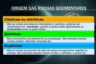 ORIGEM DAS ROCHAS SEDIMENTARES


•São as rochas provindas do intemperismo mecânico, podendo ser
 classificadas em coerentes, quando os grãos estão aglomerados ou
 incoerentes tendo os grãos soltos.


•São provenientes principalmente da precipitação. São exemplos dessas
 rochas calcário, dolomitas, limonitas etc.


•São as rochas que provém da ação de restos de organismos vegetais ou
 animais. São exemplos dessas rochas a hulha, o antracito, o guano etc.
 