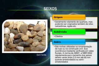SEIXOS

             • Geralmente rolamento de quartzos, mas
               podendo ser originados também de sílex,
               calcedônias, ágata etc.



             • Clástica



             • São rochas utilizadas no ornamentação
               de ruas ou na construção civil. Sua
               ocorrência é bastante verificada em vales
               fluviais. A norma da ABNT, a NBR 6502
Sem fonte.     regulamenta que o tamanho dos seixos
               devem variar entre 2,0 mm até 60 mm
               quando arredondados ou semi-
               arredondados
 