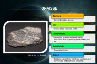 GNAISSE

                       • Bem ordenada e grossa.



                       • Cinza, rósea ou quase preta.



                       • Feldspato, quartzo (minerais claros),
                         anfibólios, biotita, granada(minerais escuros)
                         etc.



                       • Ortometamórfica

Vila Nova do Sul,RS.
                       • Bastante presente no Nordeste brasileiro, em
                         terrenos de embasamento cristalino.
 