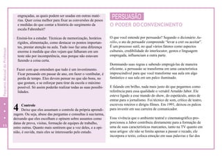 4
engraçadas, as quais podem ser usadas em outras maté-
rias. Quer coisa melhor para fixar as conversões de pesos
e medidas do que contar a história do surgimento da
escala Fahrenheit?
- Ensiná-los a estudar. Técnicas de memorização, horários
rígidos, alimentação, como destacar os pontos importan-
tes, prestar atenção na aula. Tudo isso faz uma diferença
enorme à medida que eles vejam que falharam em um
teste não por incompetência, mas porque não estavam
fazendo a coisa certa.
- Fazer com que entendam que tudo é um investimento.
Ficar pensando em passar de ano, em fazer o vestibular, é
perda de tempo. Eles devem pensar no que são bons, no
que gostam, e se esforçar para tirar da escola o máximo
possível. Só assim poderão realizar todas as suas possibi-
lidades.
Controle
Deixe que eles assumam o controle da própria aprendi-
zagem. Ou seja, abuse das perguntas e consultas à sua turma,
deixando que eles escolham e opinem sobre assuntos como
datas de prova, visitas, formação de equipes de trabalho,
entre outras. Quanto mais sentirem que a voz deles, e a opi-
nião, é ouvida, mais eles se interessarão pelo estudo.
PERSUASÃO
O PODER DOCONVENCIMENTO
O que você entende por persuasão? Segundo o dicionário Au-
rélio, o ato de persuadir compreende “levar a crer ou aceitar”.
É um processo sutil, no qual vários fatores como aspectos
culturais, credibilidade do interlocutor, gestos e linguagem
empregada, influenciam a outra parte.
Dominando suas regras e sabendo empregá-las de maneira
eficiente, a persuasão se transforma em uma característica
imprescindível para que você transforme sua aula em algo
fantástico e sua sala em um palco iluminado.
E falando em brilho, nada mais justo do que pegarmos como
referência para essa qualidade o versátil Arnaldo Jabor. Ele
esteve ligado a esse mundo do show, do espetáculo, antes de
entrar para o jornalismo. Foi técnico de som, crítico de teatro,
escreveu roteiros e dirigiu filmes. Em 1991, deixou os palcos
para investir em sua carreira de comunicador.
Essa vivência que o ambiente teatral e cinematográfico pro-
porcionou a Jabor contribuiu diretamente para a formação de
uma de suas características marcantes, tanto na TV quanto em
seus artigos: ele não se limita apenas a passar o recado, ele
incorpora o texto, coloca emoção em suas palavras e faz dos
11
4
PequenoManualdoProfessor
 