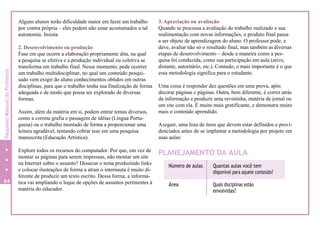 Alguns alunos terão dificuldade maior em fazer um trabalho
por contra própria – eles podem não estar acostumados a tal
autonomia. Insista.
2. Desenvolvimento ou produção
Fase em que ocorre a elaboração propriamente dita, na qual
a pesquisa se efetiva e a produção individual ou coletiva se
transforma em trabalho final. Nesse momento, pode ocorrer
um trabalho multidisciplinar, no qual um conteúdo pesqui-
sado vem exigir do aluno conhecimentos obtidos em outras
disciplinas, para que o trabalho tenha sua finalização de forma
adequada e de modo que possa ser explorado de diversas
formas.
Assim, além da matéria em si, podem entrar temas diversos,
como a correta grafia e passagem de idéias (Língua Portu-
guesa) ou o trabalho montado de forma a proporcionar uma
leitura agradável, tentando cobrar isso em uma pesquisa
manuscrita (Educação Artística).
Explore todos os recursos do computador. Por que, em vez de
montar as páginas para serem impressas, não montar um site
na Internet sobre o assunto? Dissecar o tema produzindo links
e colocar ilustrações de forma a atrair o internauta é muito di-
ferente de produzir um texto escrito. Dessa forma, a informá-
tica vai ampliando o leque de opções de assuntos pertinentes à
matéria do educador.
3. Apreciação ou avaliação
Quando se processa a avaliação do trabalho realizado e sua
realimentação com novas informações, o produto final passa
a ser objeto de aprendizagem do aluno. O professor pode, e
deve, avaliar não só o resultado final, mas também as diversas
etapas de desenvolvimento – desde a maneira como a pes-
quisa foi conduzida, como sua participação em aula (ativo,
distante, autoritário, etc.). Contudo, o mais importante é o que
essa metodologia significa para o estudante.
Uma coisa é responder dez questões em uma prova, após
decorar páginas e páginas. Outra, bem diferente, é correr atrás
da informação e produzir uma revistinha, matéria de jornal ou
um site com ela. É muito mais gratificante, e demonstra muito
mais o conteúdo aprendido.
Aseguir, uma lista de itens que devem estar definidos e provi-
denciados antes de se implantar a metodologia por projeto em
suas aulas:
PLANEJAMENTO DA AULA
64
0
PequenoManualdoProfessor
Número de aulas Quantas aulas você tem
disponível para aquele conteúdo?
Área Quais disciplinas estão
envolvidas?
 