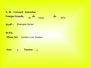 E. M. Coronel Antonino
Campo Grande,             de               de
                     30            março        2012


Profª :   Elisangela Gomes



PCTE:
Aluno (a):    Camila e Luiz Gustavo




Ano:      2     Turma:         a
 