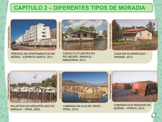 CAPÍTULO 2 – DIFERENTES TIPOS DE MORADIA
PRÉDIOS DE APARTAMENTOS EM
SERRA – ESPÍRITO SANTO, 2011.
PulsarImagens/AleRuaro
CASAS FLUTUANTES NO
RIO NEGRO. MANAUS –
AMAZONAS, 2012.PulsarImagens/EdsonGrandisoli
CASA EM GUARAPUAVA –
PARANÁ, 2012.
PulsarImagens/JoãoPrudente
PALAFITAS NO ARQUIPÉLAGO DO
MARAJÓ – PARÁ, 2009.
CABANAS NA ILHA DE UROS –
PERU, 2012.
CABANAS DOS MASSAIS NO
QUÊNIA – ÁFRICA, 2010.
Glowimages/WolfgangKaehler
Glowimages/CezaryWojtkowski
PulsarImagens/JuvenalPereira
 