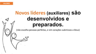Novos líderes (auxiliares) são
desenvolvidos e
preparados.
(não escolha pessoas perfeitas, e sim corações submissos a Deus)
VALORES
 