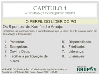 Os 8 pontos de Kornfield e Araújo:
(enfatizam as competências e características que o Líder do PG devem exibir em
seu serviço e testemunho)
O Que são e o que fazer
O PERFIL DO LÍDER DO PG
CAPÍTULO 4
A LIDERANÇA DO PEQUENO GRUPO
KORNFIELDD, David; ARAÚJO, Gedimar de. Implantando Grupos
Familiares – 3ª Edição. São Paulo: Sepal, 2002, p.96-101
1. Pastorear.
2. Evangelizar.
3. Ouvir a Deus.
4. Facilitar a participação de
outros.
5. Disponibilidade.
6. Fidelidade.
7. Liderança.
8. Ensináveis.
 