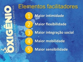 1 Maior intimidade
Elementos facilitadores
2 Maior flexibilidade
3 Maior integração social
4 Maior mobilidade
5 Maior sensibilidade
 