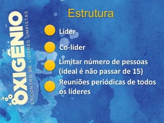Estrutura
Líder
Co-líder
Limitar número de pessoas
(ideal é não passar de 15)
Reuniões periódicas de todos
os líderes
 