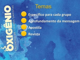 Temas
Específico para cada grupo
Aprofundamento da mensagem
Apostila
Revista
 
