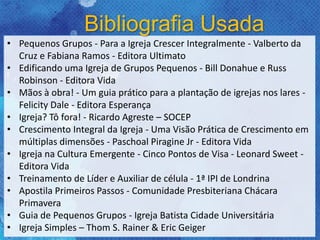 • Pequenos Grupos - Para a Igreja Crescer Integralmente - Valberto da
Cruz e Fabiana Ramos - Editora Ultimato
• Edificando uma Igreja de Grupos Pequenos - Bill Donahue e Russ
Robinson - Editora Vida
• Mãos à obra! - Um guia prático para a plantação de igrejas nos lares -
Felicity Dale - Editora Esperança
• Igreja? Tô fora! - Ricardo Agreste – SOCEP
• Crescimento Integral da Igreja - Uma Visão Prática de Crescimento em
múltiplas dimensões - Paschoal Piragine Jr - Editora Vida
• Igreja na Cultura Emergente - Cinco Pontos de Visa - Leonard Sweet -
Editora Vida
• Treinamento de Líder e Auxiliar de célula - 1ª IPI de Londrina
• Apostila Primeiros Passos - Comunidade Presbiteriana Chácara
Primavera
• Guia de Pequenos Grupos - Igreja Batista Cidade Universitária
• Igreja Simples – Thom S. Rainer & Eric Geiger
Bibliografia Usada
 