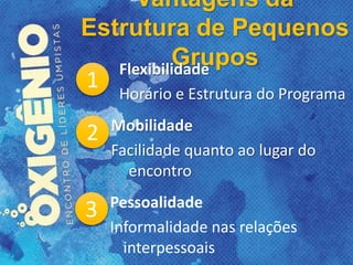 Vantagens da
Estrutura de Pequenos
Grupos
1
Flexibilidade
Horário e Estrutura do Programa
2 Mobilidade
Facilidade quanto ao lugar do
encontro
3 Pessoalidade
Informalidade nas relações
interpessoais
 