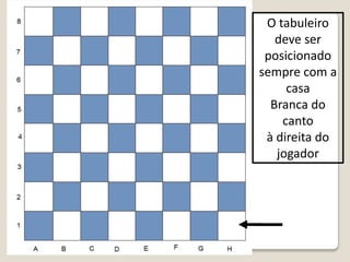 O tabuleiro
   deve ser
 posicionado
sempre com a
     casa
  Branca do
    canto
 à direita do
   jogador
 