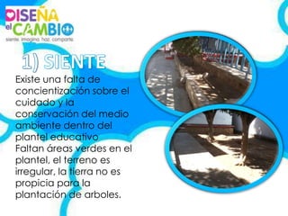 Existe una falta de
concientización sobre el
cuidado y la
conservación del medio
ambiente dentro del
plantel educativo
Faltan áreas verdes en el
plantel, el terreno es
irregular, la tierra no es
propicia para la
plantación de arboles.
 