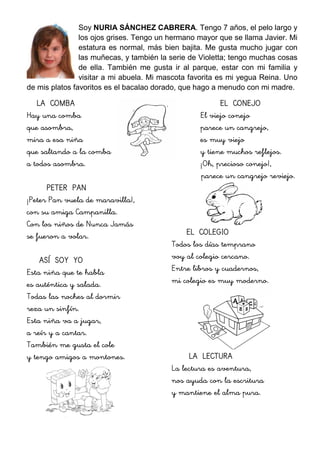 Soy NURIA SÁNCHEZ CABRERA. Tengo 7 años, el pelo largo y
los ojos grises. Tengo un hermano mayor que se llama Javier. Mi
estatura es normal, más bien bajita. Me gusta mucho jugar con
las muñecas, y también la serie de Violetta; tengo muchas cosas
de ella. También me gusta ir al parque, estar con mi familia y
visitar a mi abuela. Mi mascota favorita es mi yegua Reina. Uno
de mis platos favoritos es el bacalao dorado, que hago a menudo con mi madre.
LA COMBA
Hay una comba
que asombra,
mira a esa niña
que saltando a la comba
a todos asombra.
PETER PAN
¡Peter Pan vuela de maravilla!,
con su amiga Campanilla.
Con los niños de Nunca Jamás
se fueron a volar.
ASÍ SOY YO
Esta niña que te habla
es auténtica y salada.
Todas las noches al dormir
reza un sinfín.
Esta niña va a jugar,
a reír y a cantar.
También me gusta el cole
y tengo amigos a montones.
EL CONEJO
El viejo conejo
parece un cangrejo,
es muy viejo
y tiene muchos reflejos.
¡Oh, precioso conejo!,
parece un cangrejo reviejo.
EL COLEGIO
Todos los días temprano
voy al colegio cercano.
Entre libros y cuadernos,
mi colegio es muy moderno.
LA LECTURA
La lectura es aventura,
nos ayuda con la escritura
y mantiene el alma pura.
 