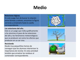 Medio
Relaciones lógicas.
En este juego han de buscar la relación
entre formas y colores, encontrar la figura
correcta y arrastrarla hasta la casilla
correspondiente.
Las estaciones del año.
Este es un juego que indica gráficamente
a los alumnos el paso de las estaciones
del año y los fenómenos meteorológicos
que se producen así como los efectos que
producen en un ser vivo.
Reciclando
Desde muy pequeñitos hemos de
conseguir que los alumnos interioricen la
importancia de reciclar. En esta actividad
tendrán que arrastrar los residuos al
contenedor correspondiente.
 