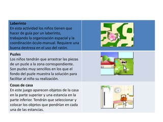 Laberinto
En esta actividad los niños tienen que
hacer de guía por un laberinto,
trabajando la organización espacial y la
coordinación óculo-manual. Requiere una
buena destreza en el uso del ratón.
Puzles
Los niños tendrán que arrastrar las piezas
de un puzle a la zona correspondiente.
Son puzles muy sencillos en los que el
fondo del puzle muestra la solución para
facilitar al niño su realización.
Cosas de casa
En este juego aparecen objetos de la casa
en la parte superior y una estancia en la
parte inferior. Tendrán que seleccionar y
colocar los objetos que pondrían en cada
una de las estancias.
 
