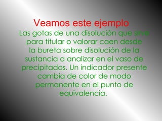 Veamos este ejemplo Las gotas de una disolución que sirve para titular o valorar caen desde la bureta sobre disolución de la sustancia a analizar en el vaso de precipitados. Un indicador presente cambia de color de modo permanente en el punto de equivalencia.  