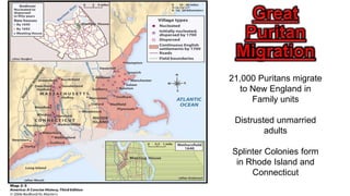 21,000 Puritans migrate
to New England in
Family units
Distrusted unmarried
adults
Splinter Colonies form
in Rhode Island and
Connecticut
 