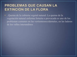 • . Quema de la cubierta vegetal natural: La quema de la
vegetación natural enforma fortuita o provocada es uno de los
problemas comunes en las vertientesoccidentales, en las laderas
de los valles interandinos
 