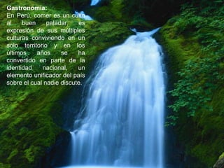 Gastronomía:
En Perú, comer es un culto
al buen paladar, es
expresión de sus múltiples
culturas conviviendo en un
solo territorio y en los
últimos años se ha
convertido en parte de la
identidad nacional, un
elemento unificador del país
sobre el cual nadie discute.
 