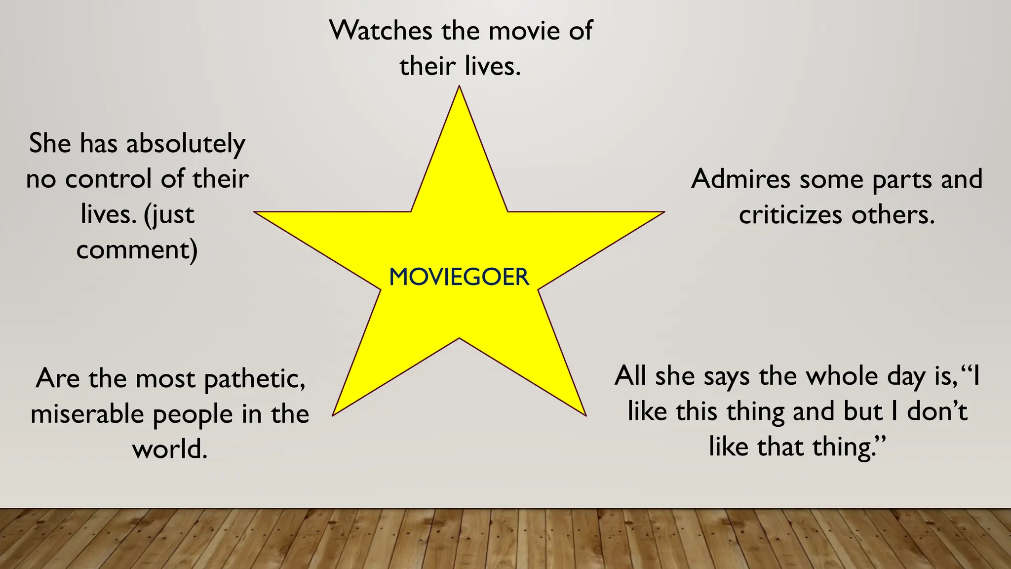 MOVIEGOER
Watches the movie of
their lives.
Admires some parts and
criticizes others.
All she says the whole day is,“I
like this thing and but I don’t
like that thing.”
She has absolutely
no control of their
lives. (just
comment)
Are the most pathetic,
miserable people in the
world.
 