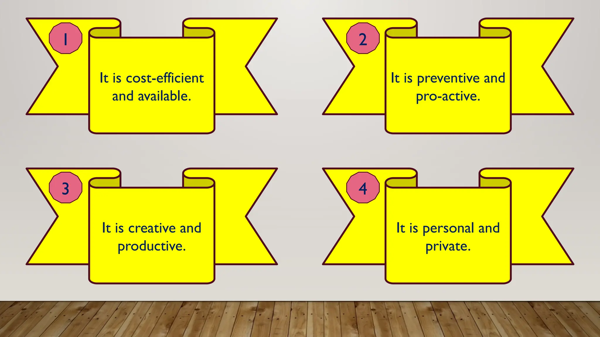 It is cost-efficient
and available.
It is preventive and
pro-active.
It is creative and
productive.
It is personal and
private.
1
3
2
4
 