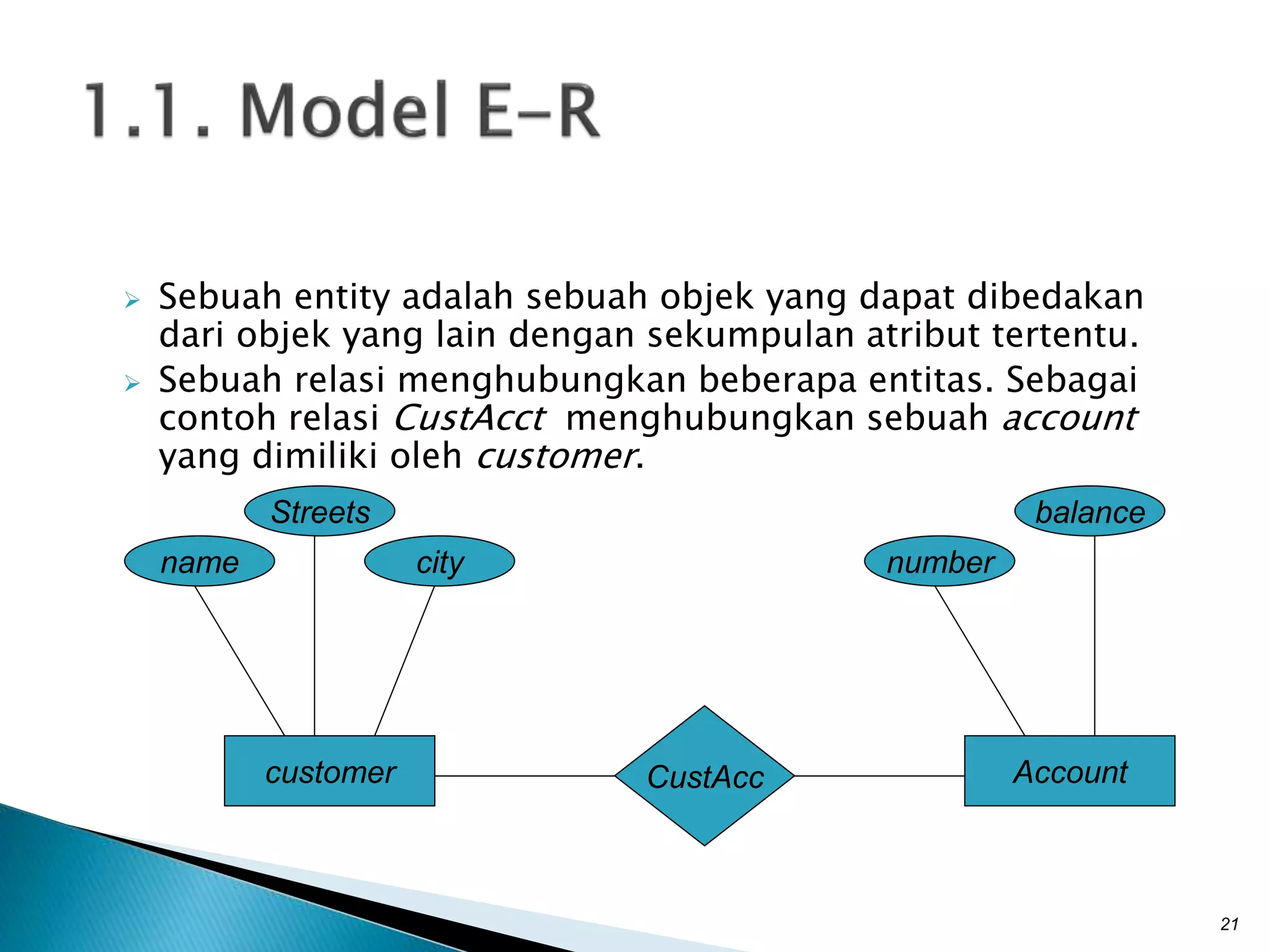  Sebuah entity adalah sebuah objek yang dapat dibedakan
dari objek yang lain dengan sekumpulan atribut tertentu.
 Sebuah relasi menghubungkan beberapa entitas. Sebagai
contoh relasi CustAcct menghubungkan sebuah account
yang dimiliki oleh customer.
21
name
Streets
city
customer CustAcc
number
balance
Account
 