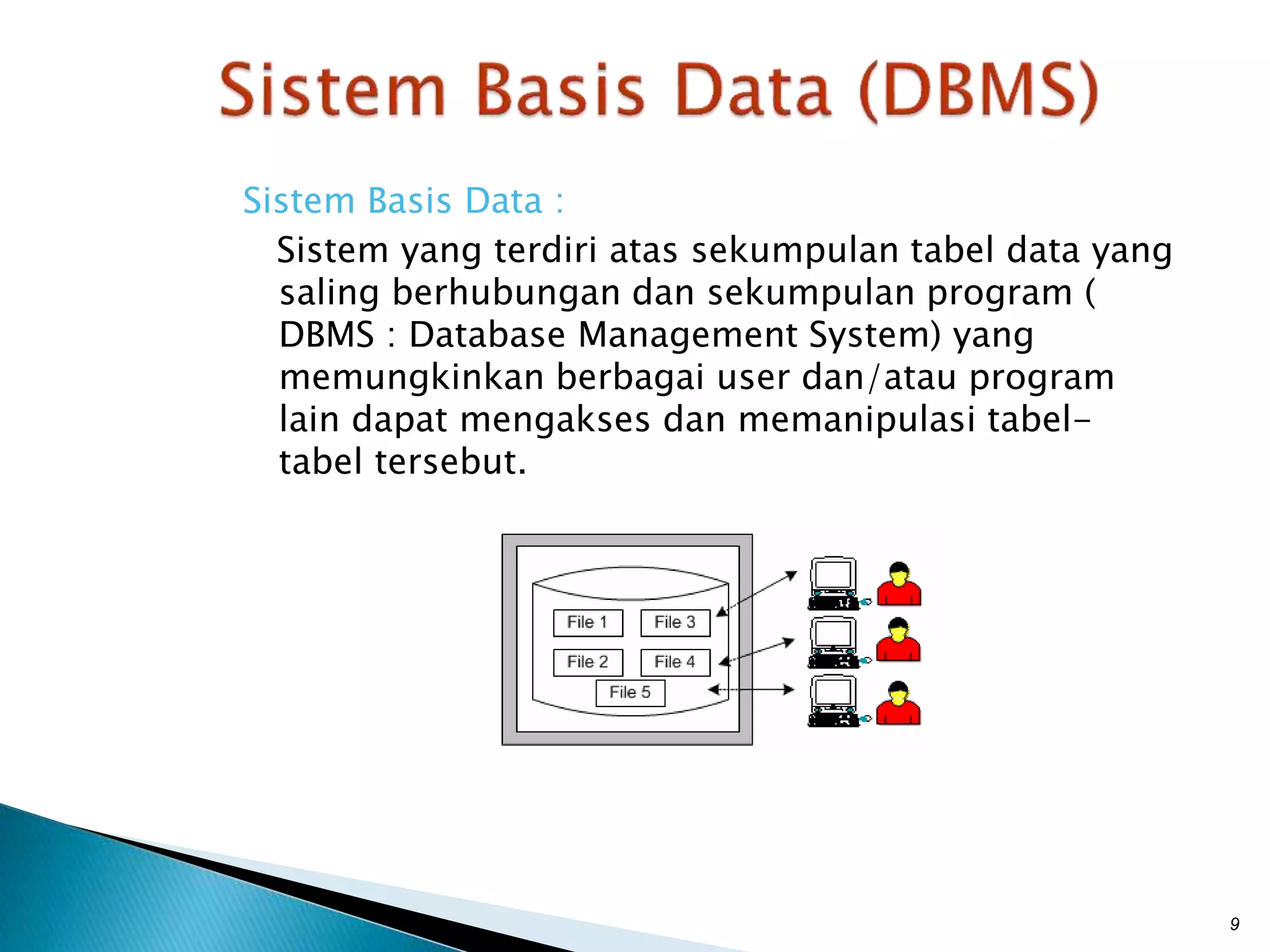 Sistem Basis Data :
Sistem yang terdiri atas sekumpulan tabel data yang
saling berhubungan dan sekumpulan program (
DBMS : Database Management System) yang
memungkinkan berbagai user dan/atau program
lain dapat mengakses dan memanipulasi tabel-
tabel tersebut.
9
 