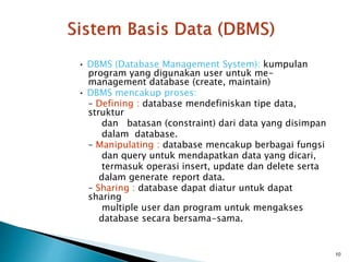 • DBMS (Database Management System): kumpulan
program yang digunakan user untuk me-
management database (create, maintain)
• DBMS mencakup proses:
– Defining : database mendefiniskan tipe data,
struktur
dan batasan (constraint) dari data yang disimpan
dalam database.
– Manipulating : database mencakup berbagai fungsi
dan query untuk mendapatkan data yang dicari,
termasuk operasi insert, update dan delete serta
dalam generate report data.
– Sharing : database dapat diatur untuk dapat
sharing
multiple user dan program untuk mengakses
database secara bersama-sama.
10
 