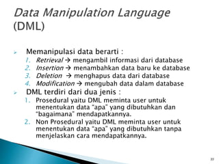  Memanipulasi data berarti :
1. Retrieval  mengambil informasi dari database
2. Insertion  menambahkan data baru ke database
3. Deletion  menghapus data dari database
4. Modification  mengubah data dalam database
 DML terdiri dari dua jenis :
1. Prosedural yaitu DML meminta user untuk
menentukan data “apa” yang dibutuhkan dan
“bagaimana” mendapatkannya.
2. Non Prosedural yaitu DML meminta user untuk
menentukan data “apa” yang dibutuhkan tanpa
menjelaskan cara mendapatkannya.
33
 