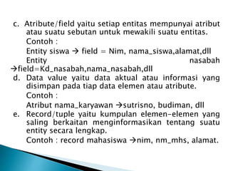 c. Atribute/field yaitu setiap entitas mempunyai atribut
atau suatu sebutan untuk mewakili suatu entitas.
Contoh :
Entity siswa  field = Nim, nama_siswa,alamat,dll
Entity nasabah
field=Kd_nasabah,nama_nasabah,dll
d. Data value yaitu data aktual atau informasi yang
disimpan pada tiap data elemen atau atribute.
Contoh :
Atribut nama_karyawan sutrisno, budiman, dll
e. Record/tuple yaitu kumpulan elemen-elemen yang
saling berkaitan menginformasikan tentang suatu
entity secara lengkap.
Contoh : record mahasiswa nim, nm_mhs, alamat.
 