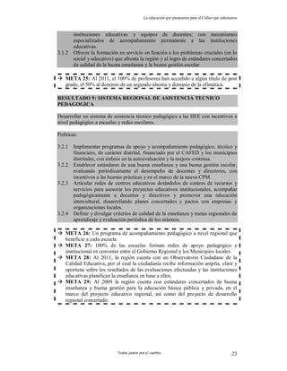 La educación que planeamos para el Callao que anhelamos
Todos juntos por el cambio 23
instituciones educativas y equipos de docentes; con mecanismos
especializados de acompañamiento permanente a las instituciones
educativas.
3.1.2 Ofrecer la formación en servicio en función a los problemas cruciales (en lo
social y educativo) que afronta la región y al logro de estándares concertados
de calidad de la buena enseñanza y la buena gestión escolar
 META 25: Al 2011, el 100% de profesores han accedido a algún titulo de post
grado, el 50% al dominio de un segundo idioma y dominio de la ofimática.
RESULTADO 9: SISTEMA REGIONAL DE ASISTENCIA TECNICO
PEDAGOGICA
Desarrollar un sistema de asistencia técnico pedagógica a las IIEE con incentivos a
nivel pedagógico a escuelas y redes escolares.
Políticas:
3.2.1 Implementar programas de apoyo y acompañamiento pedagógico, técnico y
financiero, de carácter distrital, financiado por el CAFED y los municipios
distritales, con énfasis en la autoevaluación y la mejora continua.
3.2.2 Establecer estándares de una buena enseñanza y una buena gestión escolar,
evaluando periódicamente el desempeño de docentes y directores, con
incentivos a las buenas prácticas y en el marco de la nueva CPM.
3.2.3 Articular redes de centros educativos dotándolos de centros de recursos y
servicios para asesorar los proyectos educativos institucionales, acompañar
pedagógicamente a docentes y directivos y promover una educación
intercultural, desarrollando planes concertados y pactos con empresas y
organizaciones locales.
3.2.4 Definir y divulgar criterios de calidad de la enseñanza y metas regionales de
aprendizaje y evaluación periódica de los mismos.
 META 26: Un programa de acompañamiento pedagógico a nivel regional que
beneficie a cada escuela
 META 27: 100% de las escuelas forman redes de apoyo pedagógico e
institucional en convenio entre el Gobierno Regional y los Municipios locales
 META 28: Al 2011, la región cuenta con un Observatorio Ciudadano de la
Calidad Educativa, por el cual la ciudadanía recibe información amplia, clara y
oportuna sobre los resultados de las evaluaciones efectuadas y las instituciones
educativas planifican la enseñanza en base a ellos.
 META 29: Al 2009 la región cuenta con estándares concertados de buena
enseñanza y buena gestión para la educación básica pública y privada, en el
marco del proyecto educativo regional, así como del proyecto de desarrollo
regional concertado.
 