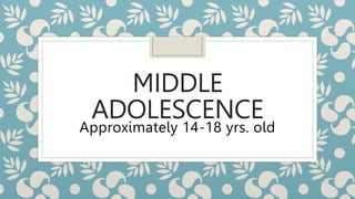MIDDLE
ADOLESCENCE
Approximately 14-18 yrs. old
 