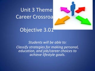 Unit 3 Theme:
Career Crossroads

  Objective 3.01

        Students will be able to:
Classify strategies for making personal,
 education, and job/career choices to
         achieve lifestyle goals.
 