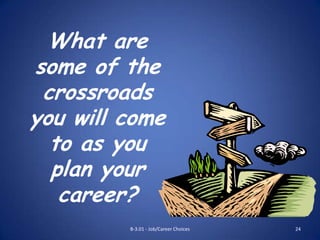 What are
some of the
 crossroads
you will come
  to as you
  plan your
   career?
         B-3.01 - Job/Career Choices   24
 