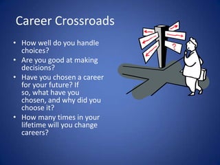 Career Crossroads
• How well do you handle
  choices?
• Are you good at making
  decisions?
• Have you chosen a career
  for your future? If
  so, what have you
  chosen, and why did you
  choose it?
• How many times in your
  lifetime will you change
  careers?
 