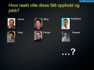 Hvor raskt ville disse fått opphold og
jobb?
James

Mary

Yang

Farzad

Prabhakar

Deepak

…?

 