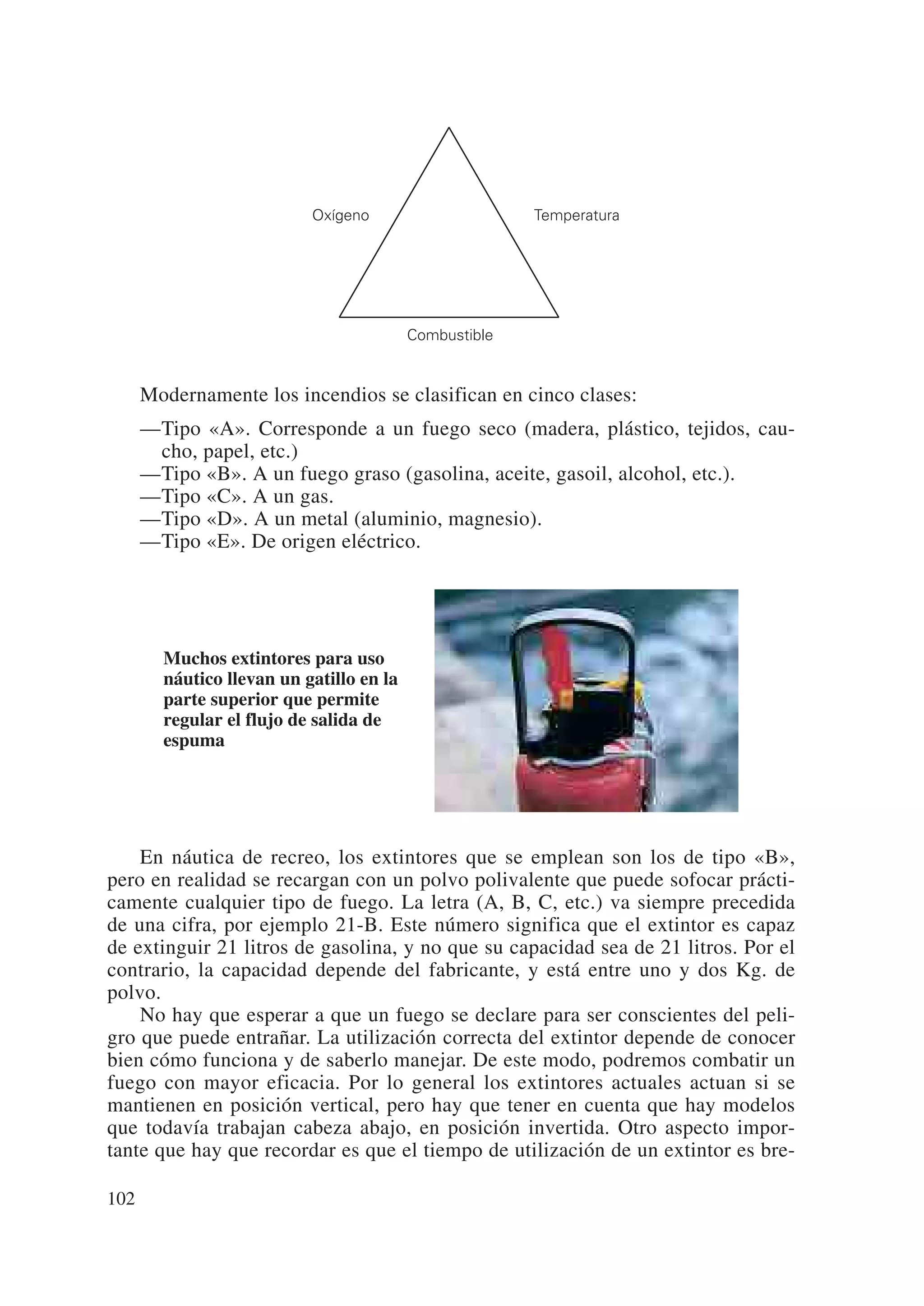 Oxígeno                      Temperatura




                                          Combustible


      Modernamente los incendios se clasifican en cinco clases:
      —Tipo «A». Corresponde a un fuego seco (madera, plástico, tejidos, cau-
       cho, papel, etc.)
      —Tipo «B». A un fuego graso (gasolina, aceite, gasoil, alcohol, etc.).
      —Tipo «C». A un gas.
      —Tipo «D». A un metal (aluminio, magnesio).
      —Tipo «E». De origen eléctrico.




        Muchos extintores para uso
        náutico llevan un gatillo en la
        parte superior que permite
        regular el flujo de salida de
        espuma




    En náutica de recreo, los extintores que se emplean son los de tipo «B»,
pero en realidad se recargan con un polvo polivalente que puede sofocar prácti-
camente cualquier tipo de fuego. La letra (A, B, C, etc.) va siempre precedida
de una cifra, por ejemplo 21-B. Este número significa que el extintor es capaz
de extinguir 21 litros de gasolina, y no que su capacidad sea de 21 litros. Por el
contrario, la capacidad depende del fabricante, y está entre uno y dos Kg. de
polvo.
    No hay que esperar a que un fuego se declare para ser conscientes del peli-
gro que puede entrañar. La utilización correcta del extintor depende de conocer
bien cómo funciona y de saberlo manejar. De este modo, podremos combatir un
fuego con mayor eficacia. Por lo general los extintores actuales actuan si se
mantienen en posición vertical, pero hay que tener en cuenta que hay modelos
que todavía trabajan cabeza abajo, en posición invertida. Otro aspecto impor-
tante que hay que recordar es que el tiempo de utilización de un extintor es bre-

102
 