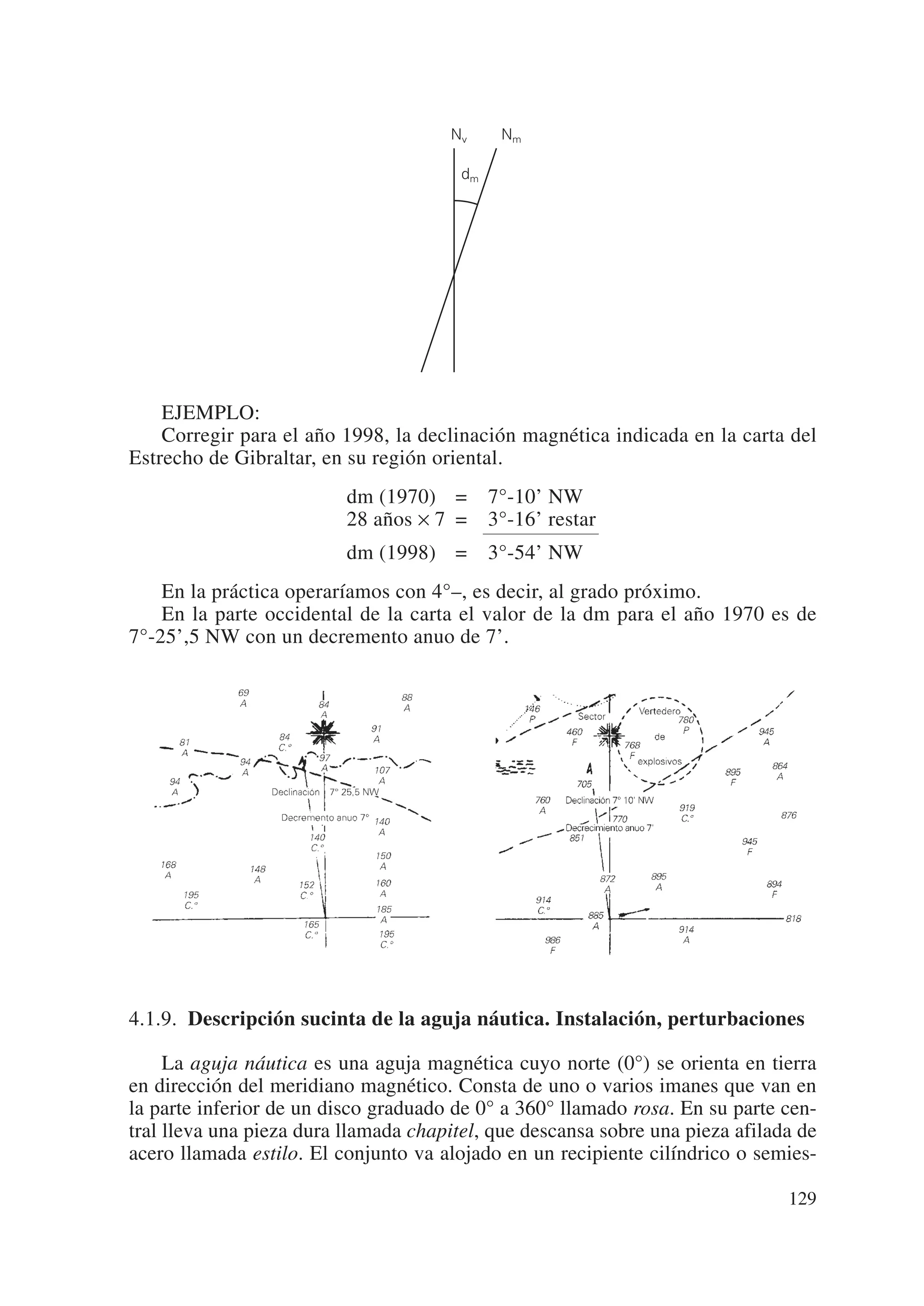 Nv      Nm

                                        dm




    EJEMPLO:
    Corregir para el año 1998, la declinación magnética indicada en la carta del
Estrecho de Gibraltar, en su región oriental.
                          dm (1970) =        7°-10’ NW
                          28 años × 7 =      3°-16’ restar
                          dm (1998) =        3°-54’ NW
    En la práctica operaríamos con 4°–, es decir, al grado próximo.
    En la parte occidental de la carta el valor de la dm para el año 1970 es de
7°-25’,5 NW con un decremento anuo de 7’.




4.1.9. Descripción sucinta de la aguja náutica. Instalación, perturbaciones

     La aguja náutica es una aguja magnética cuyo norte (0°) se orienta en tierra
en dirección del meridiano magnético. Consta de uno o varios imanes que van en
la parte inferior de un disco graduado de 0° a 360° llamado rosa. En su parte cen-
tral lleva una pieza dura llamada chapitel, que descansa sobre una pieza afilada de
acero llamada estilo. El conjunto va alojado en un recipiente cilíndrico o semies-

                                                                               129
 