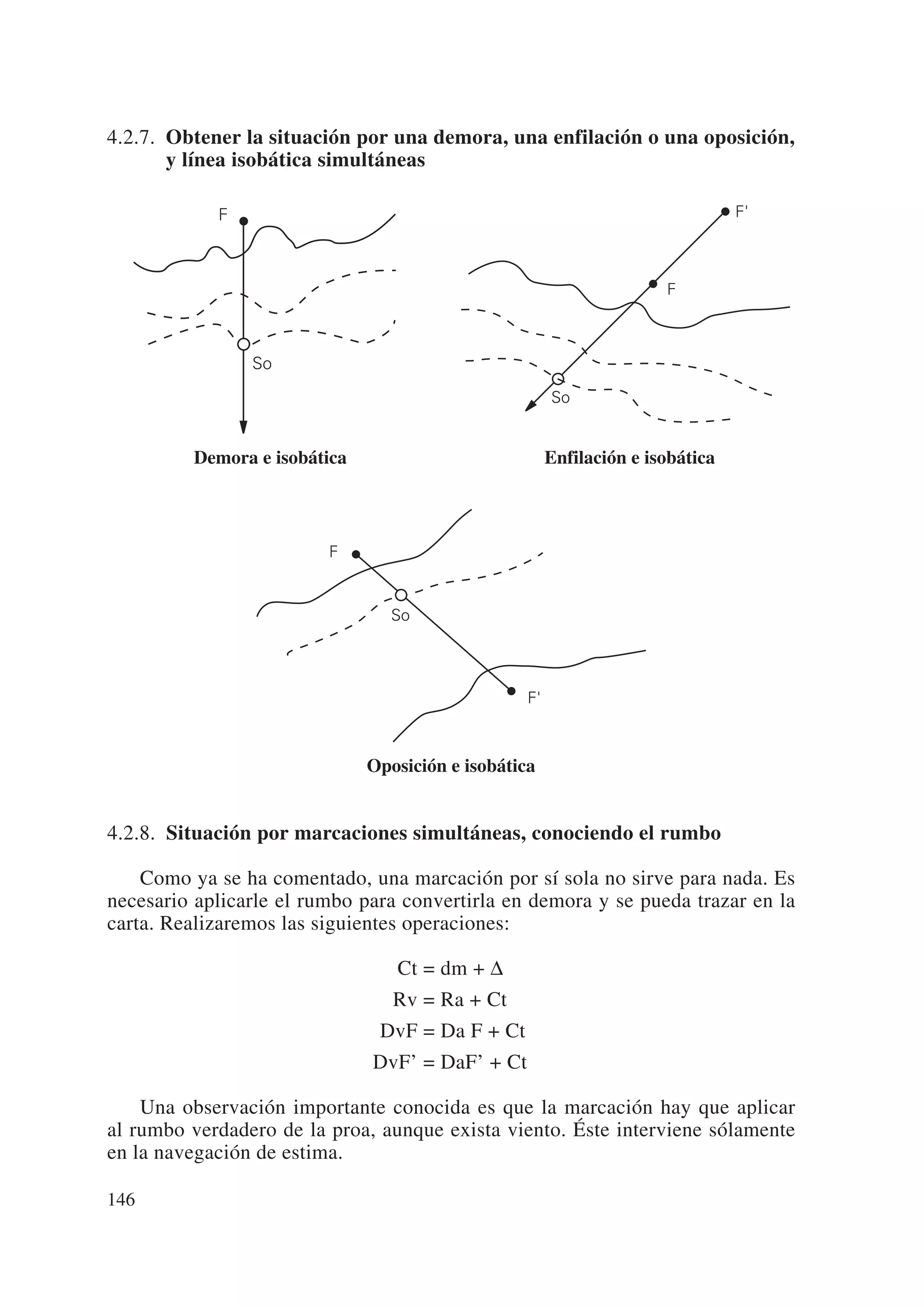 4.2.7. Obtener la situación por una demora, una enfilación o una oposición,
       y línea isobática simultáneas

            F                                                                   F'



                                                                      F



                So
                                                       So


         Demora e isobática                            Enfilación e isobática



                         F


                                 So




                                                  F'



                              Oposición e isobática


4.2.8. Situación por marcaciones simultáneas, conociendo el rumbo

    Como ya se ha comentado, una marcación por sí sola no sirve para nada. Es
necesario aplicarle el rumbo para convertirla en demora y se pueda trazar en la
carta. Realizaremos las siguientes operaciones:

                                 Ct = dm + ∆
                                 Rv = Ra + Ct
                               DvF = Da F + Ct
                              DvF’ = DaF’ + Ct

    Una observación importante conocida es que la marcación hay que aplicar
al rumbo verdadero de la proa, aunque exista viento. Éste interviene sólamente
en la navegación de estima.

146
 